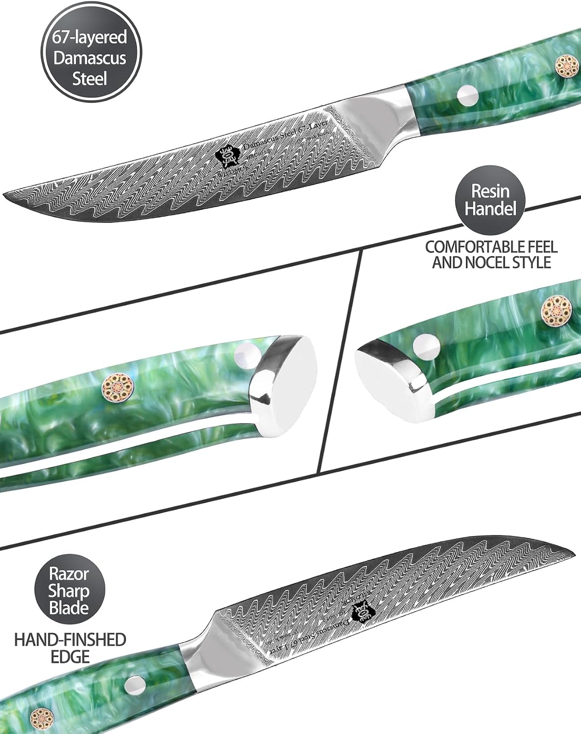 5 Inch Damascus Steak Knives Set, 4pcs Sharp Professional Steak Kitchen Knives, Japanese Super VG10 Steel Multifunction Kitchen Knife with Full Tang G10 Handle