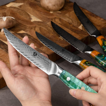 5 Inch Damascus Steak Knives Set, 4pcs Sharp Professional Steak Kitchen Knives, Japanese Super VG10 Steel Multifunction Kitchen Knife with Full Tang G10 Handle