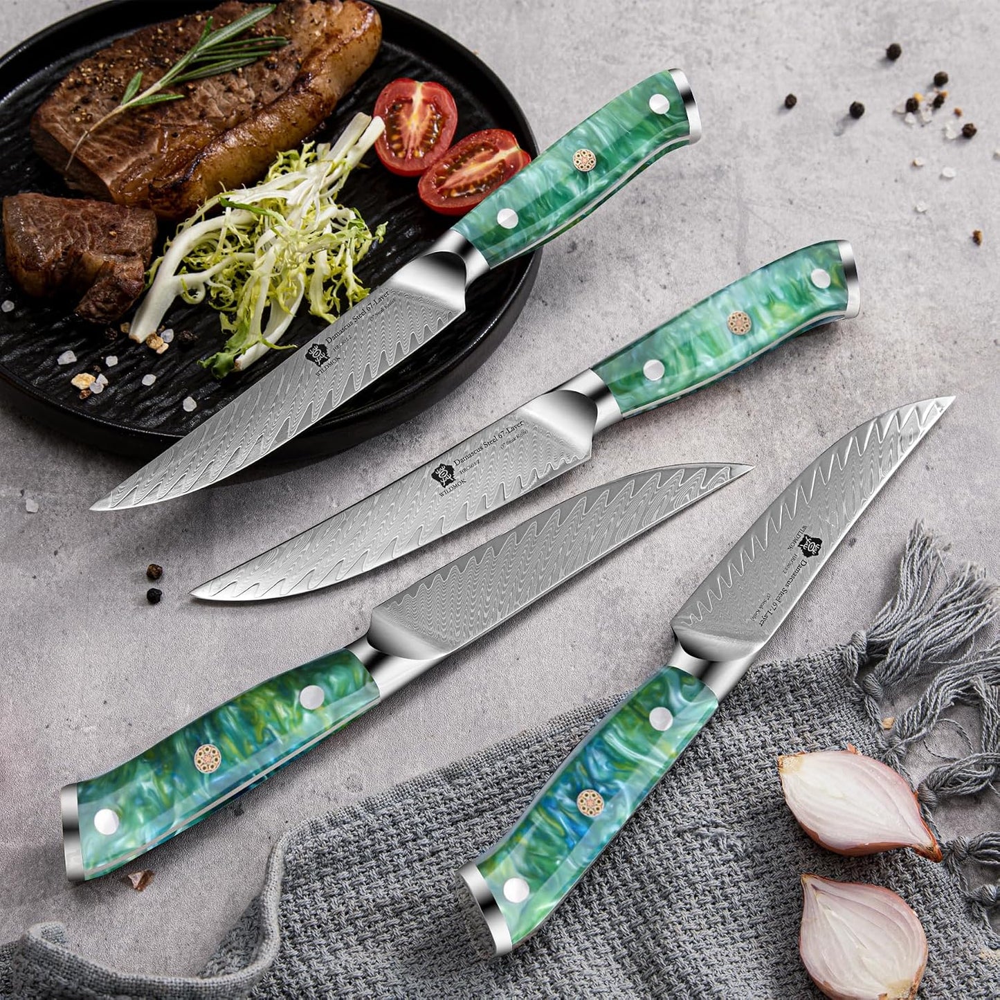 5 Inch Damascus Steak Knives Set, 4pcs Sharp Professional Steak Kitchen Knives, Japanese Super VG10 Steel Multifunction Kitchen Knife with Full Tang G10 Handle