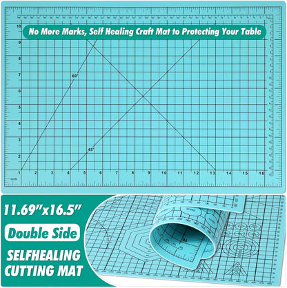 Rotary Cutting Mat and Tools Set, 45mm Fabric Cropping Cutter Wheel with A3 Self Healing Sewing Mat, Blades, Quilting Ruler and Clips, Crafts Knife for Shirt Cloth Patchworking Scrapbooking