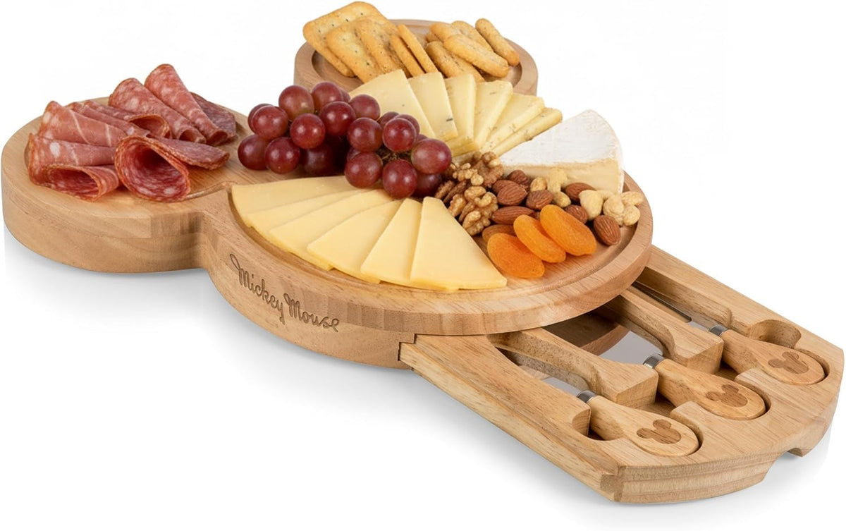 PICNIC TIME Disney Mickey Mouse Head Cheese & Charcuterie Board Set, Parawood Cutting Board with Hidden Drawer & 3 Cheese Knives, Fun Disney Gift, Party Platter, Picnic Set & Kitchen Serving Tray