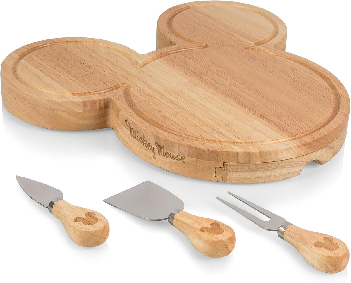 PICNIC TIME Disney Mickey Mouse Head Cheese & Charcuterie Board Set, Parawood Cutting Board with Hidden Drawer & 3 Cheese Knives, Fun Disney Gift, Party Platter, Picnic Set & Kitchen Serving Tray