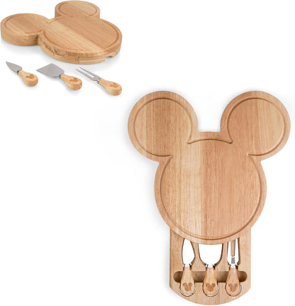 PICNIC TIME Disney Mickey Mouse Head Cheese & Charcuterie Board Set, Parawood Cutting Board with Hidden Drawer & 3 Cheese Knives, Fun Disney Gift, Party Platter, Picnic Set & Kitchen Serving Tray