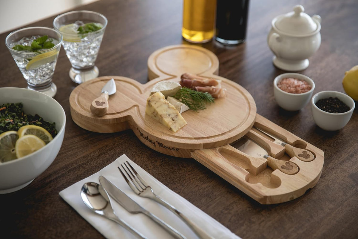 PICNIC TIME Disney Mickey Mouse Head Cheese & Charcuterie Board Set, Parawood Cutting Board with Hidden Drawer & 3 Cheese Knives, Fun Disney Gift, Party Platter, Picnic Set & Kitchen Serving Tray