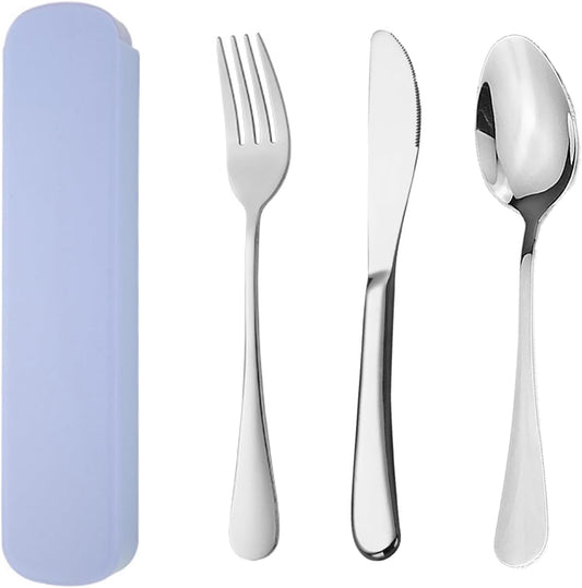 Travel Utensils Set (3pc Stainless Steel Reusable With Case)(Dishwasher Safe Knife Fork Spoon For Picnic Camping School Work Lunch Box) Portable Cutlery Set Blue