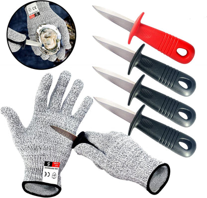Oyster Knives with Grey Cut Resistant Gloves Set, Oyster Shucking Knife with Black Plastic Non-Slip Handle, Opener Kit Tools for Oyster Clam Shellfish Seafood