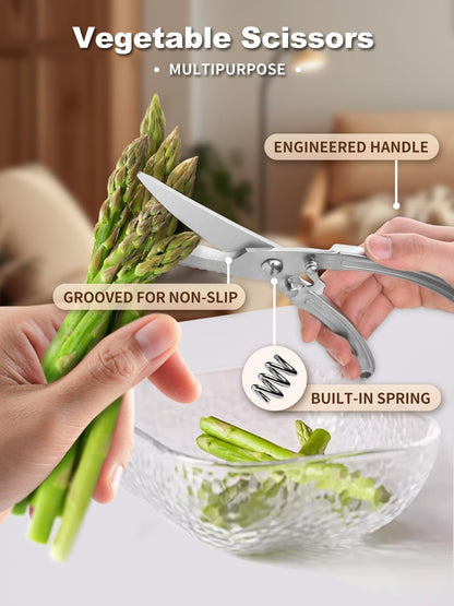Heavy Duty Kitchen Shears, All Stainless Steel Kitchen Scissors for Food & All Purpose, with Fish Scale Scraper, Rustproof Food Scissors for Meat Poultry Seafood
