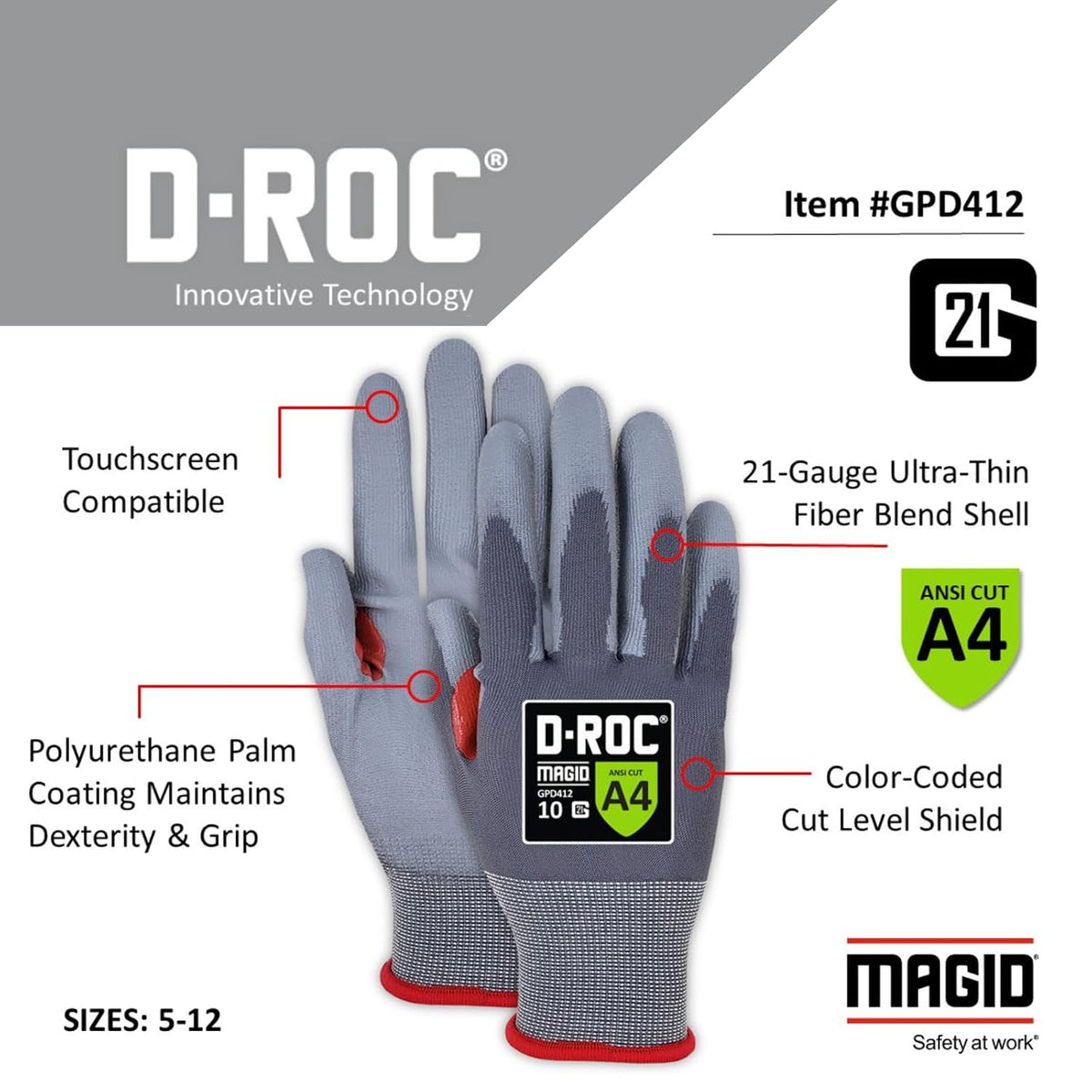 MAGID ROC 21G Ultra-Thin Polyurethane ANSI A4 Coated Work Glove, 1 Pair, Size 8/M, GPD412