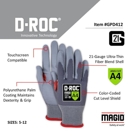 MAGID ROC 21G Ultra-Thin Polyurethane ANSI A4 Coated Work Glove, 1 Pair, Size 8/M, GPD412