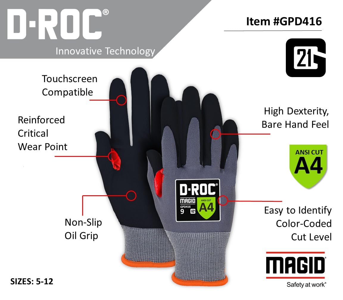 MAGID ROC 21G Ultra-Thin Polyurethane ANSI A4 Coated Work Glove, 1 Pair, Size 8/M, GPD412