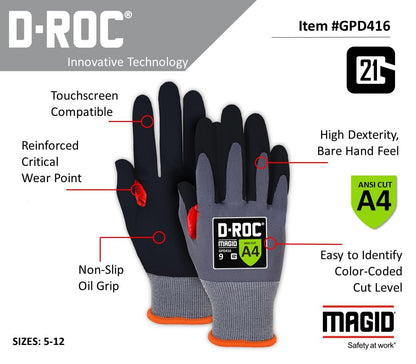 MAGID ROC 21G Ultra-Thin Polyurethane ANSI A4 Coated Work Glove, 1 Pair, Size 8/M, GPD412