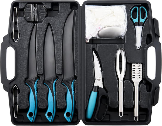 Fish Fillet Knife Set Curved Flex 7 inch 9 inch Filet Knife for Filleting and Boning, Non-Slip Handles, Includes Fishing Braid Line Scissors, Fish Dressing Scissors, Filleting Pad