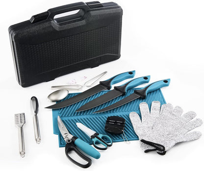 Fish Fillet Knife Set Curved Flex 7 inch 9 inch Filet Knife for Filleting and Boning, Non-Slip Handles, Includes Fishing Braid Line Scissors, Fish Dressing Scissors, Filleting Pad