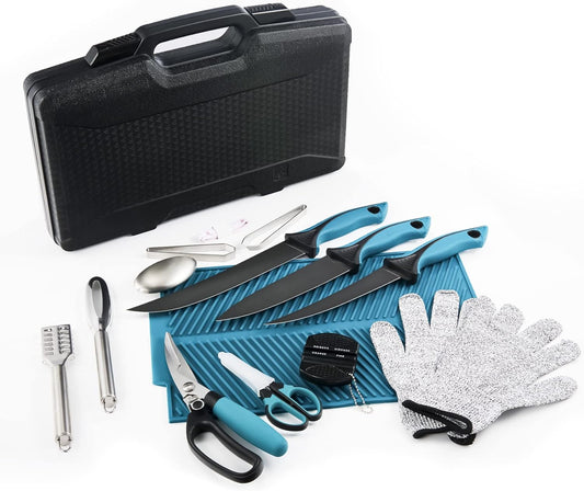 Fish Fillet Knife Set Curved Flex 7 inch 9 inch Filet Knife for Filleting and Boning, Non-Slip Handles, Includes Fishing Braid Line Scissors, Fish Dressing Scissors, Filleting Pad