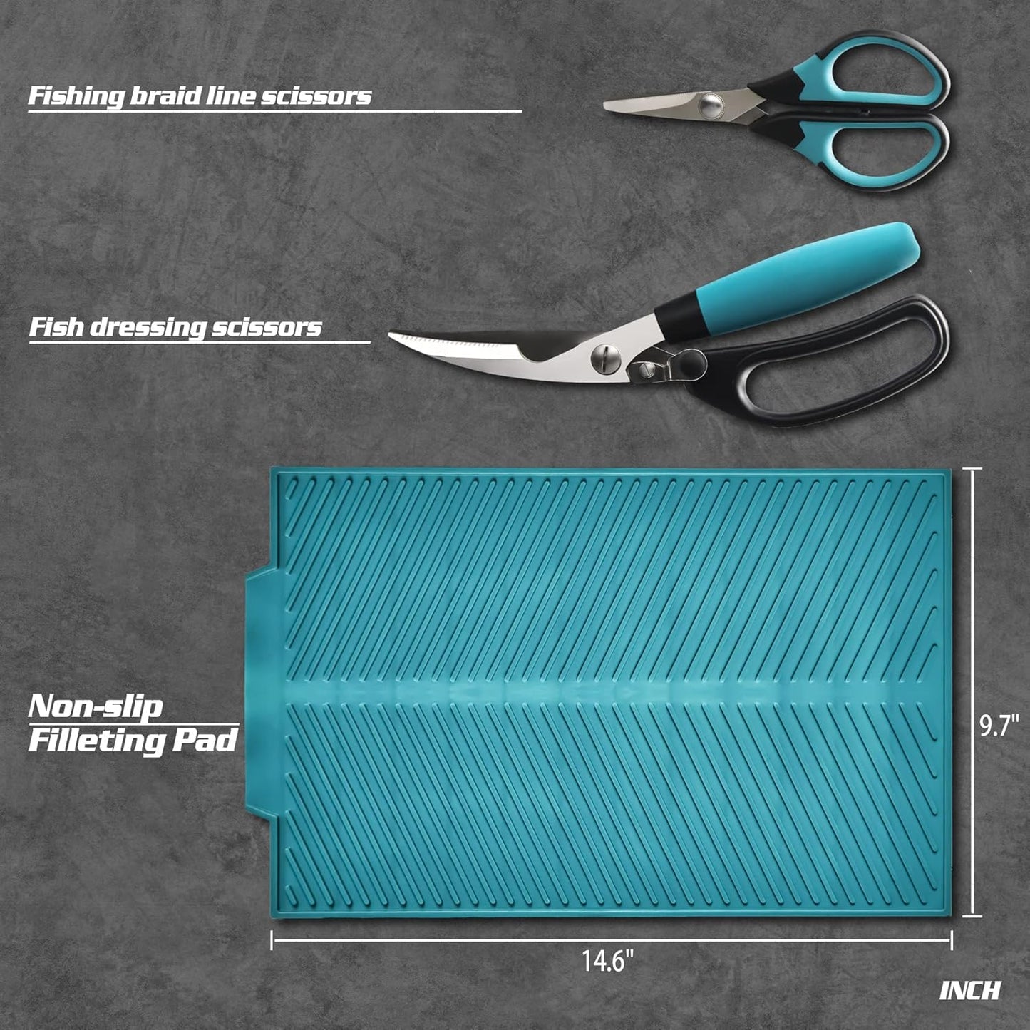 Fish Fillet Knife Set Curved Flex 7 inch 9 inch Filet Knife for Filleting and Boning, Non-Slip Handles, Includes Fishing Braid Line Scissors, Fish Dressing Scissors, Filleting Pad