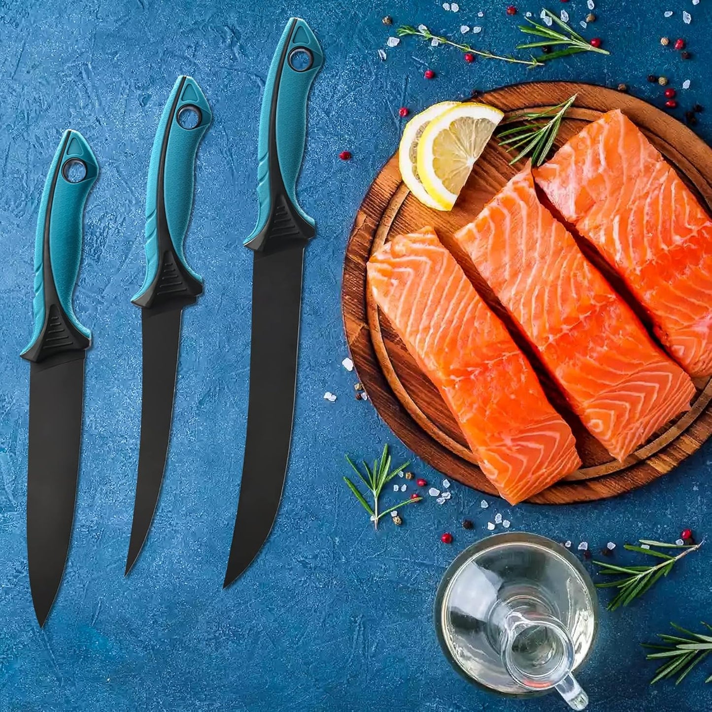 Fish Fillet Knife Set Curved Flex 7 inch 9 inch Filet Knife for Filleting and Boning, Non-Slip Handles, Includes Fishing Braid Line Scissors, Fish Dressing Scissors, Filleting Pad