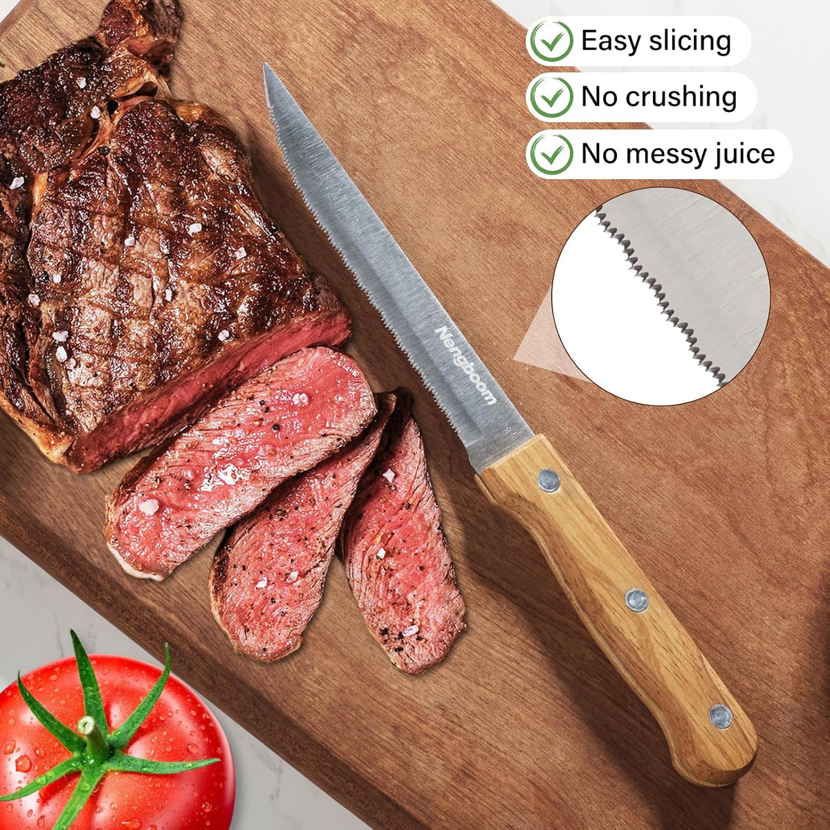 Tomato Knife Serrated,Steak Knife,Tomato and Bread Slicing Knives,Serrated Stainless Steel Blade,Ergonomic Wood Handle,For Smooth Cutting of Tomatoes,Steaks and Bread