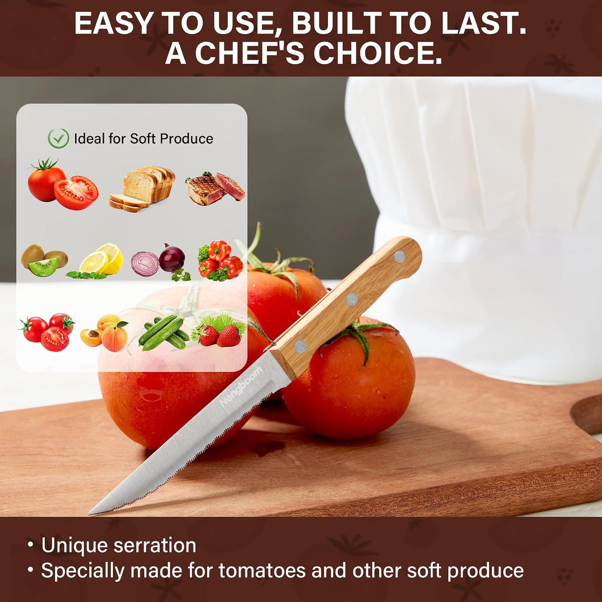 Tomato Knife Serrated,Steak Knife,Tomato and Bread Slicing Knives,Serrated Stainless Steel Blade,Ergonomic Wood Handle,For Smooth Cutting of Tomatoes,Steaks and Bread