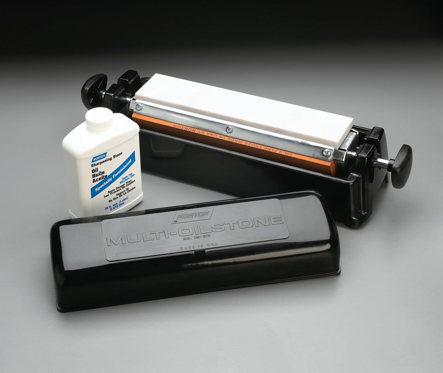 IM200 Knife Sharpener Oil Stone Sharpening Stone Kit with Coarse/Medium Crystolon and Fine India Stones, Sharpening Stone Oil and Knife Angle Guide