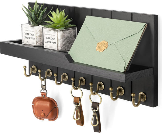 Decorative Key and Mail Holder for Wall - Farmhouse 15 Inches Floating Shelf with 7 Sturdy Key Hooks for Home Entryway Wall Decor - Rustic Key Racks (Black,15-inch)