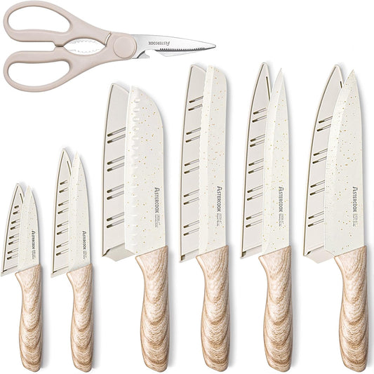 Knife Set, 13 Pieces Kitchen Knives Set with Ceramic Coating, Stainless Steel Chef Knife Sets with 6 Blade Guards, Dishwasher Safe Knives with Wooden Handle, Elegant White