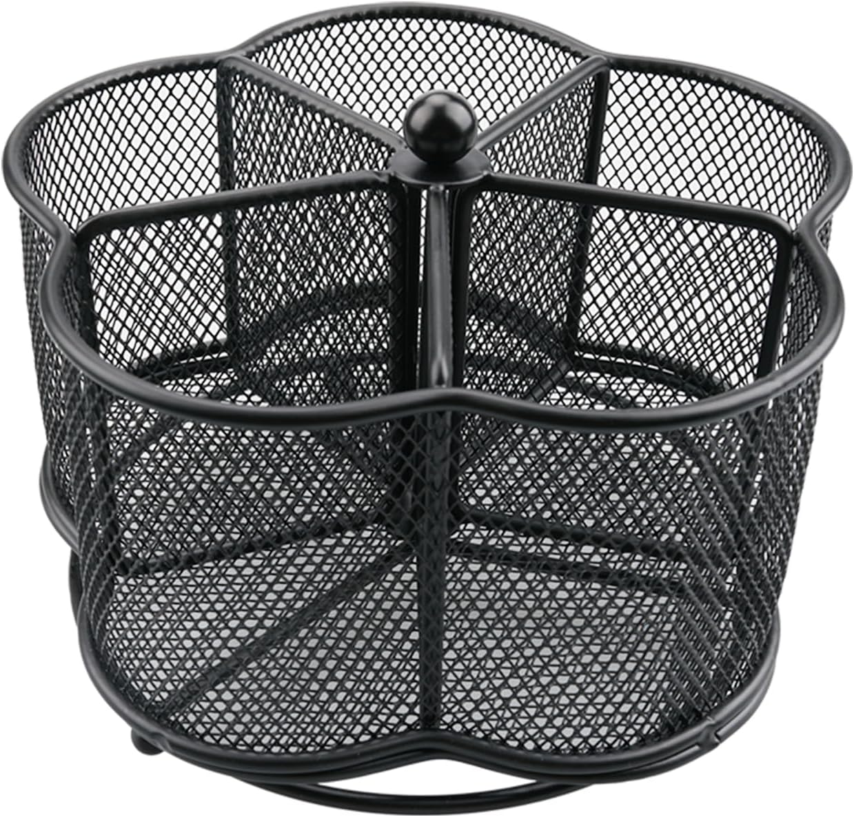 360° Rotating Silverware Utensil Caddy Holder, 5 Compartments, Black | Easy-clean metal mesh caddy with smooth edges and 360° rotation, 5 compartments for flatware, napkins and group dining