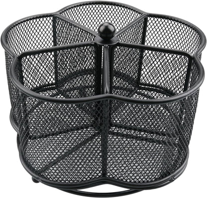360° Rotating Silverware Utensil Caddy Holder, 5 Compartments, Black | Easy-clean metal mesh caddy with smooth edges and 360° rotation, 5 compartments for flatware, napkins and group dining