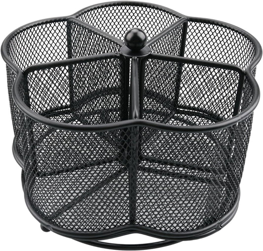 360° Rotating Silverware Utensil Caddy Holder, 5 Compartments, Black | Easy-clean metal mesh caddy with smooth edges and 360° rotation, 5 compartments for flatware, napkins and group dining