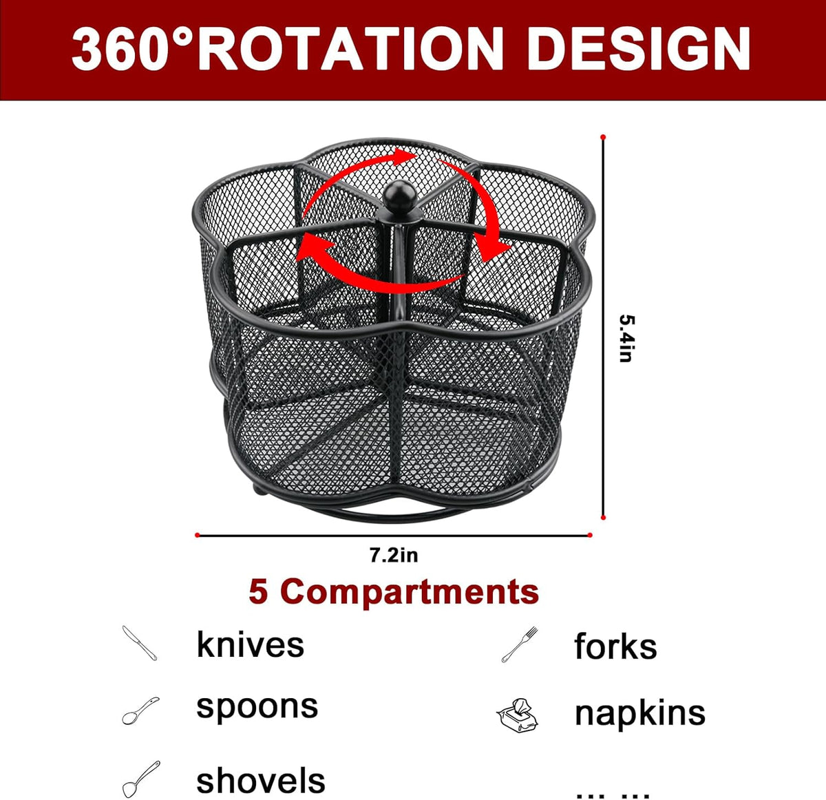 360° Rotating Silverware Utensil Caddy Holder, 5 Compartments, Black | Easy-clean metal mesh caddy with smooth edges and 360° rotation, 5 compartments for flatware, napkins and group dining
