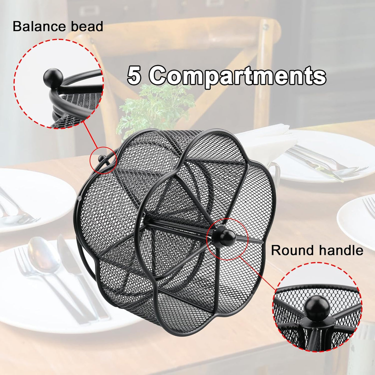 360° Rotating Silverware Utensil Caddy Holder, 5 Compartments, Black | Easy-clean metal mesh caddy with smooth edges and 360° rotation, 5 compartments for flatware, napkins and group dining
