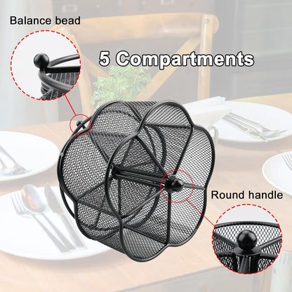 360° Rotating Silverware Utensil Caddy Holder, 5 Compartments, Black | Easy-clean metal mesh caddy with smooth edges and 360° rotation, 5 compartments for flatware, napkins and group dining
