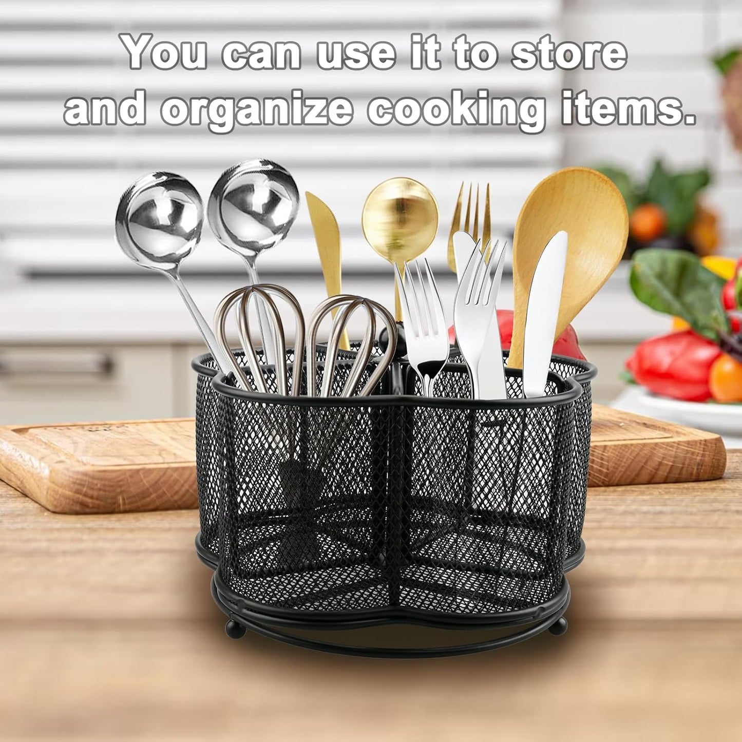 360° Rotating Silverware Utensil Caddy Holder, 5 Compartments, Black | Easy-clean metal mesh caddy with smooth edges and 360° rotation, 5 compartments for flatware, napkins and group dining