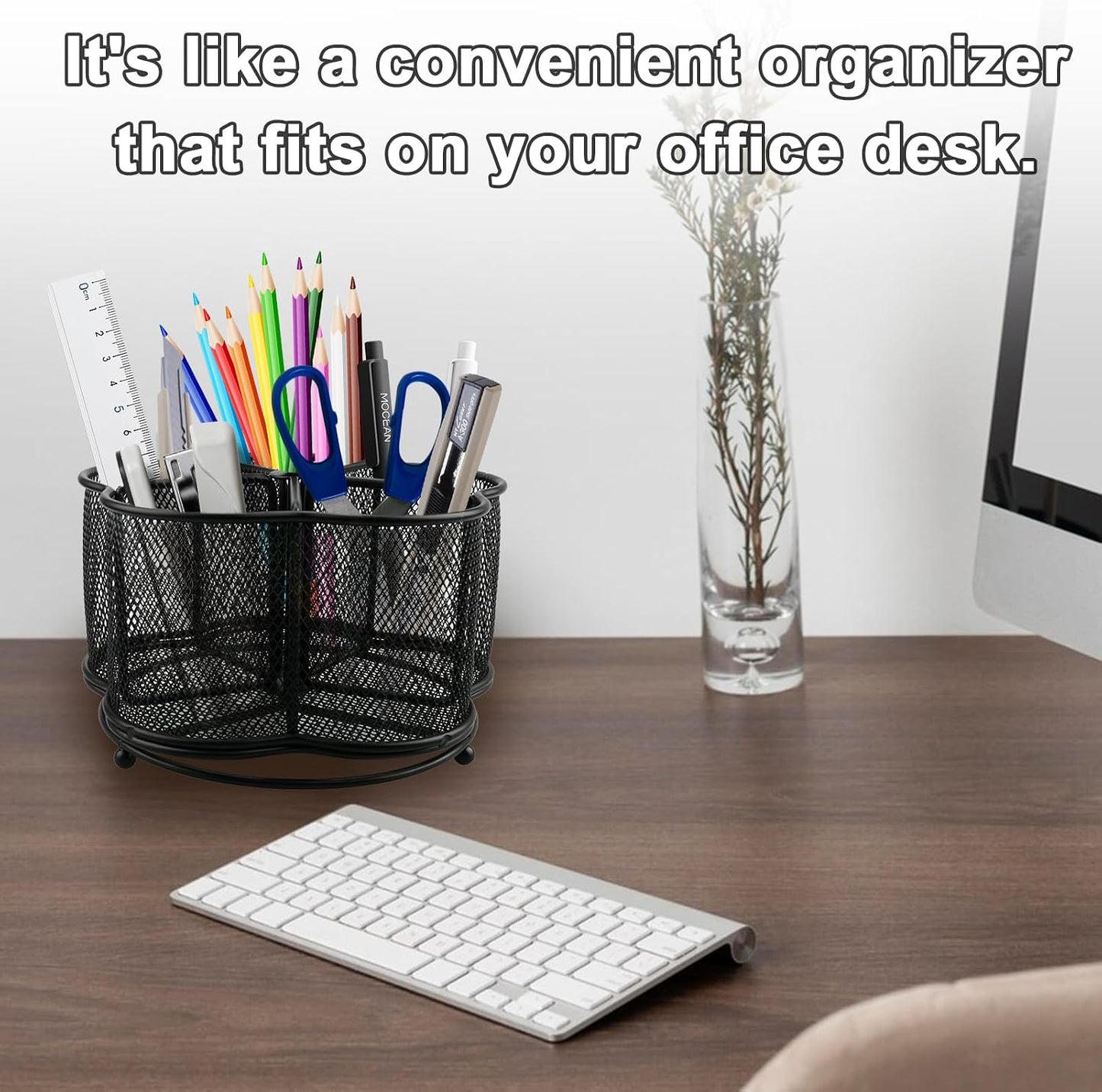 360° Rotating Silverware Utensil Caddy Holder, 5 Compartments, Black | Easy-clean metal mesh caddy with smooth edges and 360° rotation, 5 compartments for flatware, napkins and group dining