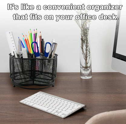 360° Rotating Silverware Utensil Caddy Holder, 5 Compartments, Black | Easy-clean metal mesh caddy with smooth edges and 360° rotation, 5 compartments for flatware, napkins and group dining