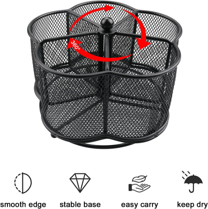 360° Rotating Silverware Utensil Caddy Holder, 5 Compartments, Black | Easy-clean metal mesh caddy with smooth edges and 360° rotation, 5 compartments for flatware, napkins and group dining