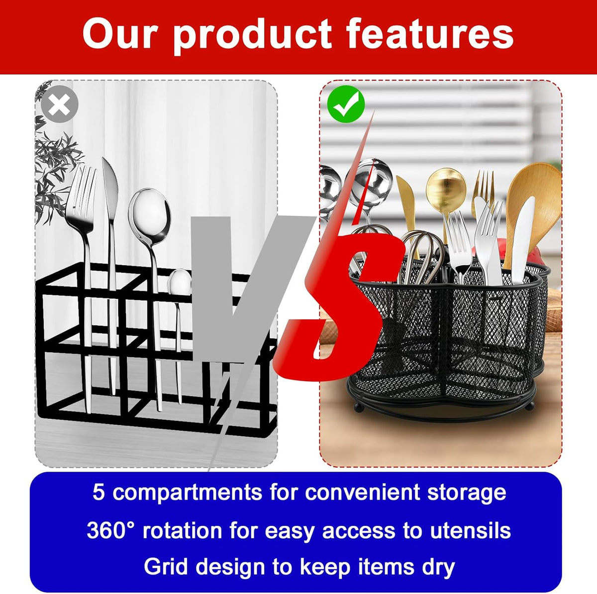 360° Rotating Silverware Utensil Caddy Holder, 5 Compartments, Black | Easy-clean metal mesh caddy with smooth edges and 360° rotation, 5 compartments for flatware, napkins and group dining