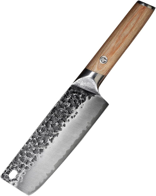 7-Inch Japanese Nakiri Knife, SKD-11 Steel | Wide 2mm Nakiri blade for vegetable push cuts, 3-layer SKD-11 steel, textured finish, pakkawood handle