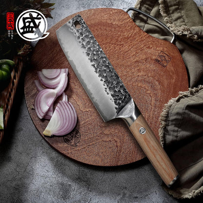 7-Inch Japanese Nakiri Knife, SKD-11 Steel | Wide 2mm Nakiri blade for vegetable push cuts, 3-layer SKD-11 steel, textured finish, pakkawood handle