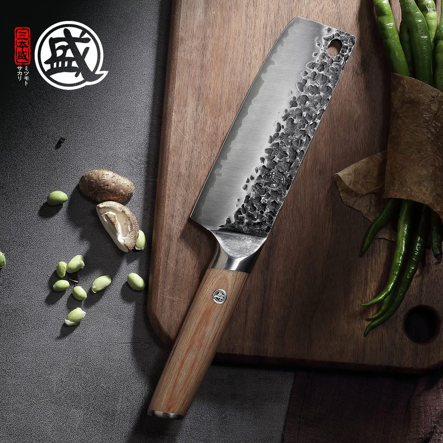 7-Inch Japanese Nakiri Knife, SKD-11 Steel | Wide 2mm Nakiri blade for vegetable push cuts, 3-layer SKD-11 steel, textured finish, pakkawood handle