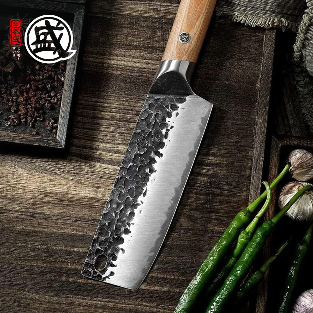 7-Inch Japanese Nakiri Knife, SKD-11 Steel | Wide 2mm Nakiri blade for vegetable push cuts, 3-layer SKD-11 steel, textured finish, pakkawood handle