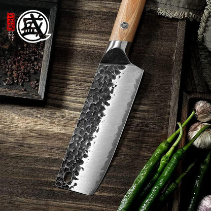 7-Inch Japanese Nakiri Knife, SKD-11 Steel | Wide 2mm Nakiri blade for vegetable push cuts, 3-layer SKD-11 steel, textured finish, pakkawood handle