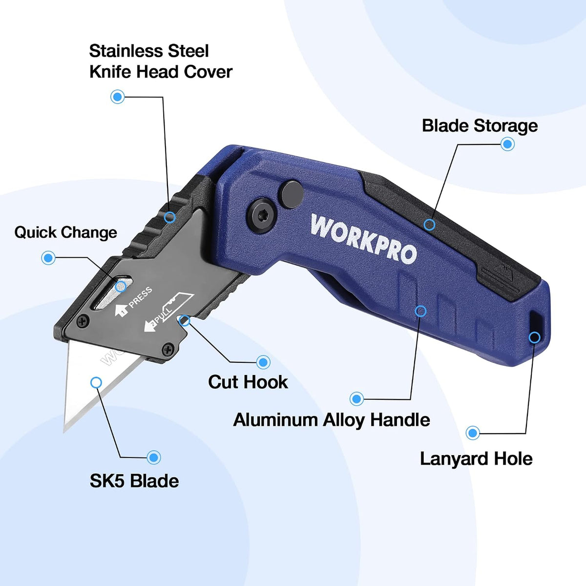 Folding Utility Knife, Quick Change Box Cutter, Blue