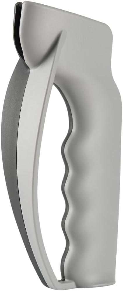 Manual Knife Sharpener with Carbide Plates & Finger Guard, Grey | NSF approved handheld sharpener featuring an ergonomic non-slip grip handle for safety and comfort during kitchen tasks