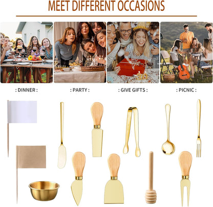 48 Pcs Charcuterie Boards Accessories Butter Spreader Knives Set Stainless Steel Cheese Mini Serving Tongs Spoons Forks Dipping Bowls Toothpick Flags Utensils for Pastry Making Wedding Christmas(Gold)