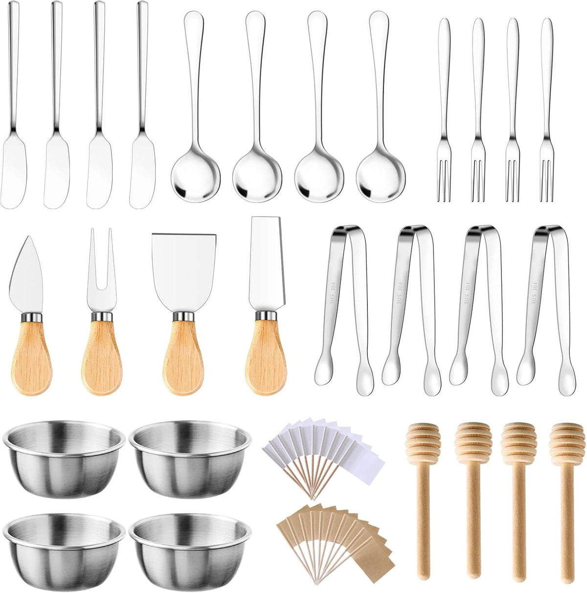 48 Pcs Charcuterie Boards Accessories Butter Spreader Knives Set Stainless Steel Cheese Mini Serving Tongs Spoons Forks Dipping Bowls Toothpick Flags Utensils for Pastry Making Wedding Christmas(Gold)