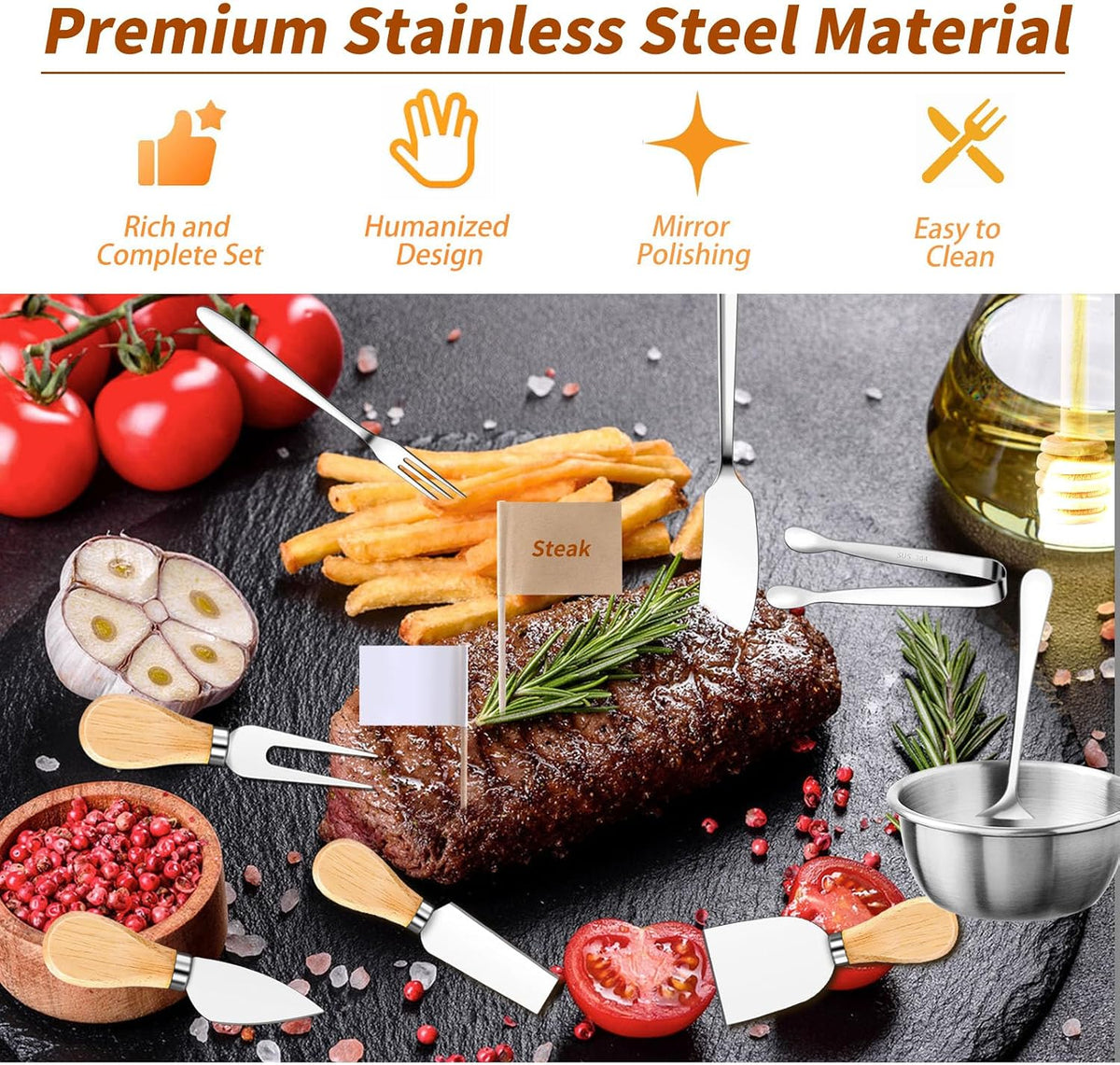 48 Pcs Charcuterie Boards Accessories Butter Spreader Knives Set Stainless Steel Cheese Mini Serving Tongs Spoons Forks Dipping Bowls Toothpick Flags Utensils for Pastry Making Wedding Christmas(Gold)