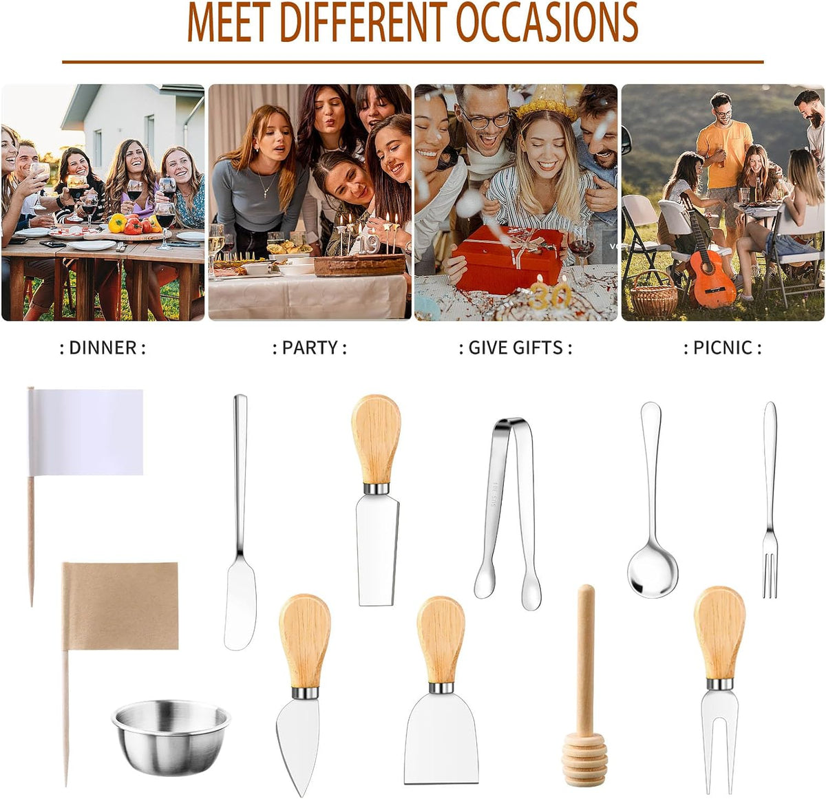 48 Pcs Charcuterie Boards Accessories Butter Spreader Knives Set Stainless Steel Cheese Mini Serving Tongs Spoons Forks Dipping Bowls Toothpick Flags Utensils for Pastry Making Wedding Christmas(Gold)