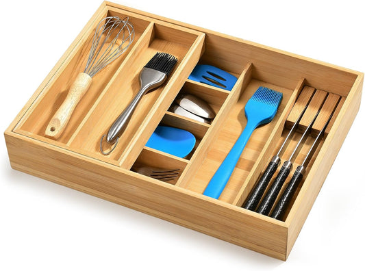 Double Layer Bamboo Utensil Drawer Organizer for Silverware Cutlery | Sliding Top Tray, Removable Knife Holder, Deep 8-Slot Kitchen Drawer Organizer