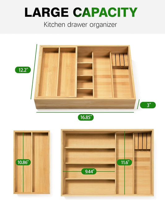 Double Layer Bamboo Utensil Drawer Organizer for Silverware Cutlery | Sliding Top Tray, Removable Knife Holder, Deep 8-Slot Kitchen Drawer Organizer