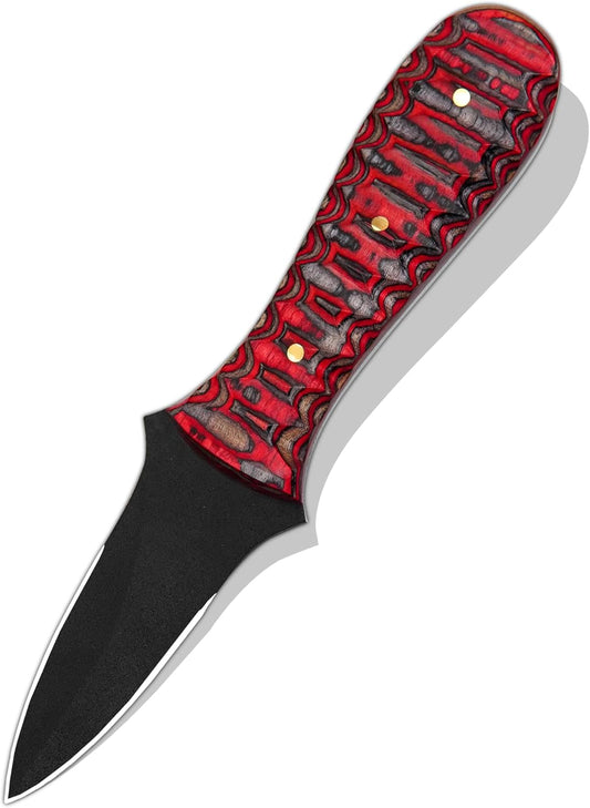 Oyster Shucking Knife – Professional Oyster Knife with Grooved Pakka Wood Handle, Black Powder-Coated Steel Blade, Sharp Edge Seafood Shucker (RED)